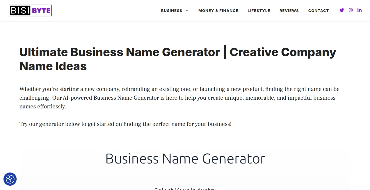 Screenshot of Bisibyte - Business Name Generator – An AI tool in the ,AI Business Ideas Generator ,AI Domain Name Generator  category, showcasing its interface and key features.