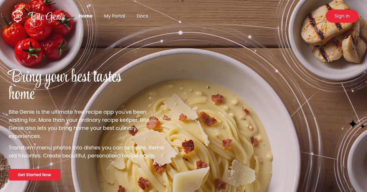 Screenshot of Bite Genie – An AI tool in the ,AI Content Generator ,AI Research Tool ,AI Recipe Assistant ,AI Life Assistant  category, showcasing its interface and key features.