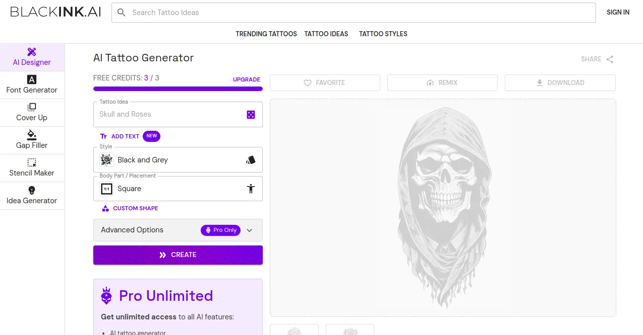 Screenshot of BlackInk – An AI tool in the ,AI Art Generator ,AI Tattoo Generator  category, showcasing its interface and key features.