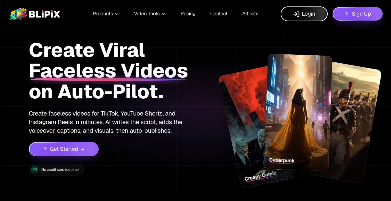 Screenshot of Blipix – An AI tool in the ,AI Text to Video ,AI UGC Video Generator ,AI Video Generator ,AI Social Media Assistant  category, showcasing its interface and key features.