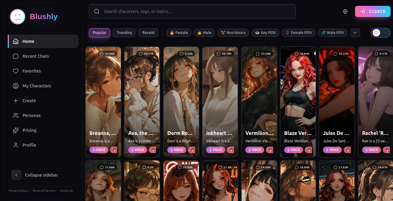 Screenshot of Blushly Chat – An AI tool in the ,AI Voice Chat Generator ,AI Chatbot ,AI Girlfriend ,AI Character  category, showcasing its interface and key features.