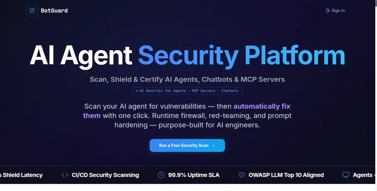 Screenshot of BotGuard – An AI tool in the ,AI Developer Tools  category, showcasing its interface and key features.