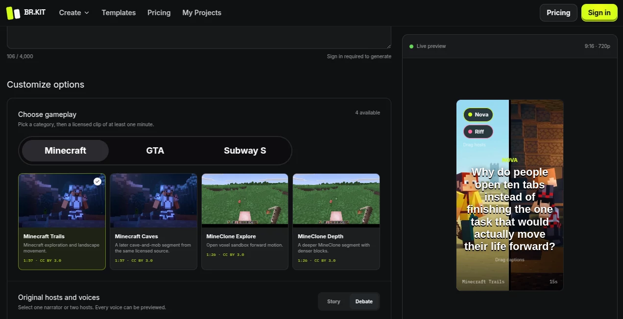 Screenshot of brainrotkit – An AI tool in the ,AI Video Editor ,AI Text to Video ,AI Video Generator ,AI Short Clips Generator  category, showcasing its interface and key features.