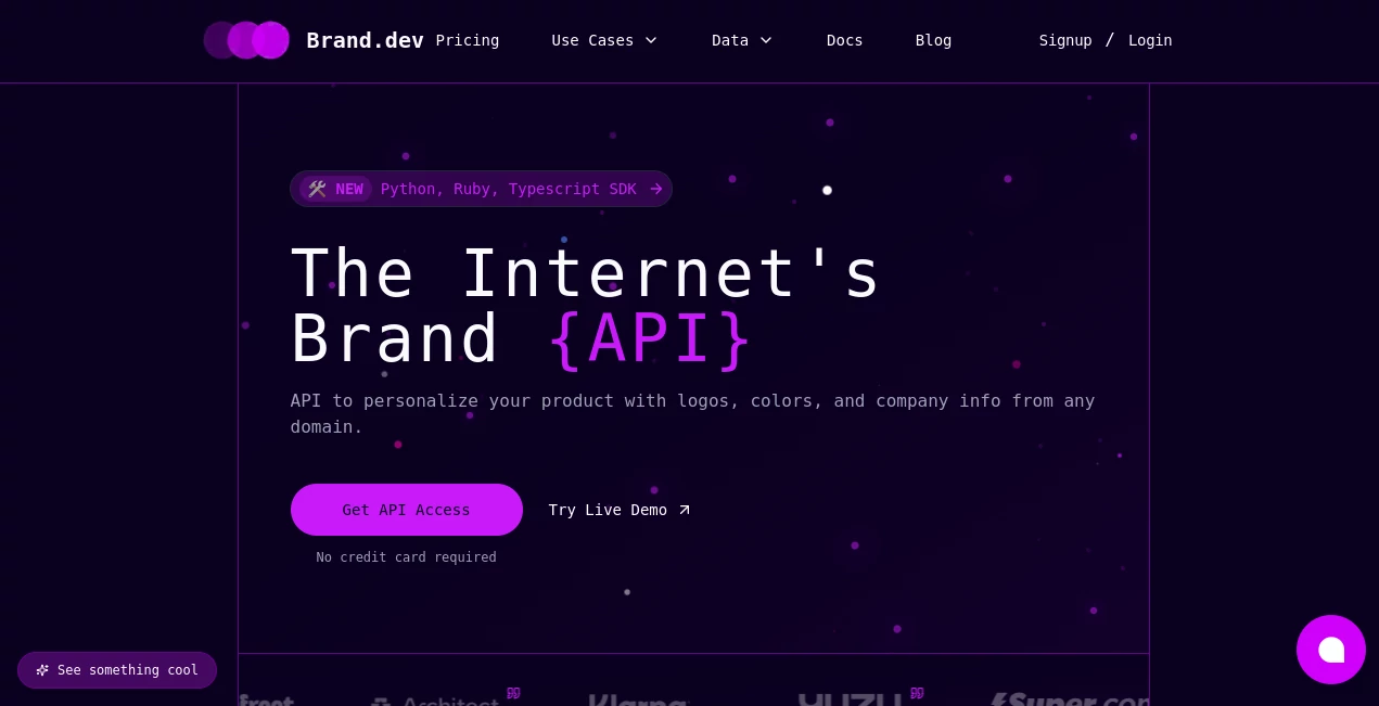 Screenshot of Brand.dev – An AI tool in the ,AI Content Generator ,AI API Design ,AI Developer Tools ,AI Research Tool  category, showcasing its interface and key features.