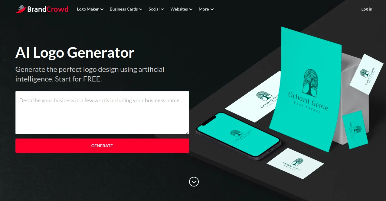 Screenshot of BrandCrowd AI Logo Generator – An AI tool in the ,AI Logo Generator ,AI Art Generator ,AI Design Generator ,AI Graphic Design  category, showcasing its interface and key features.