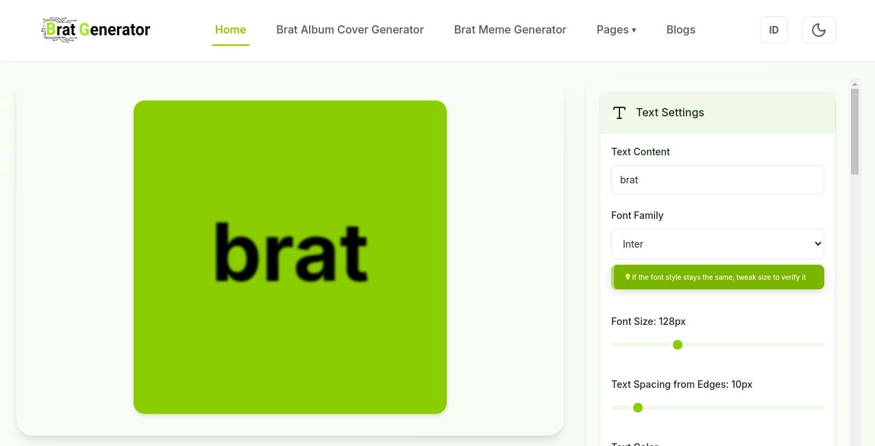 Screenshot of Brat Generator – An AI tool in the ,AI Photo & Image Generator ,AI Art Generator ,AI Design Generator ,AI Fun Tools  category, showcasing its interface and key features.