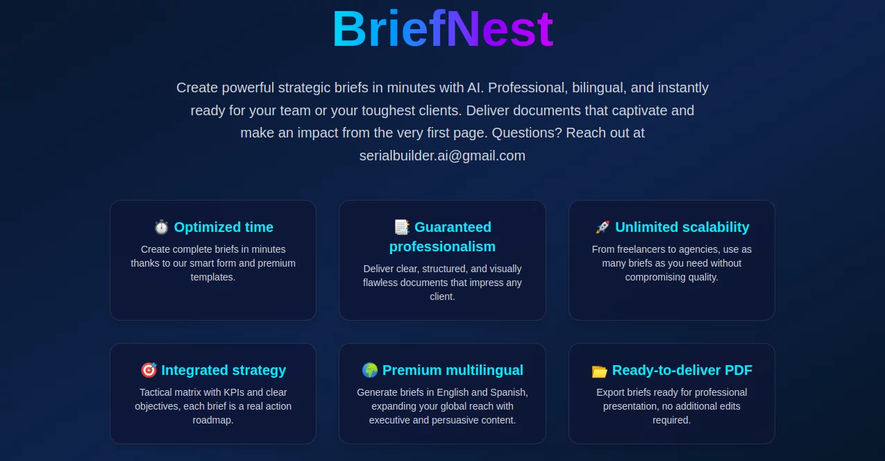 Screenshot of BriefNest – An AI tool in the ,AI Content Generator ,AI Marketing Plan Generator ,AI SOP ,AI Project Management  category, showcasing its interface and key features.