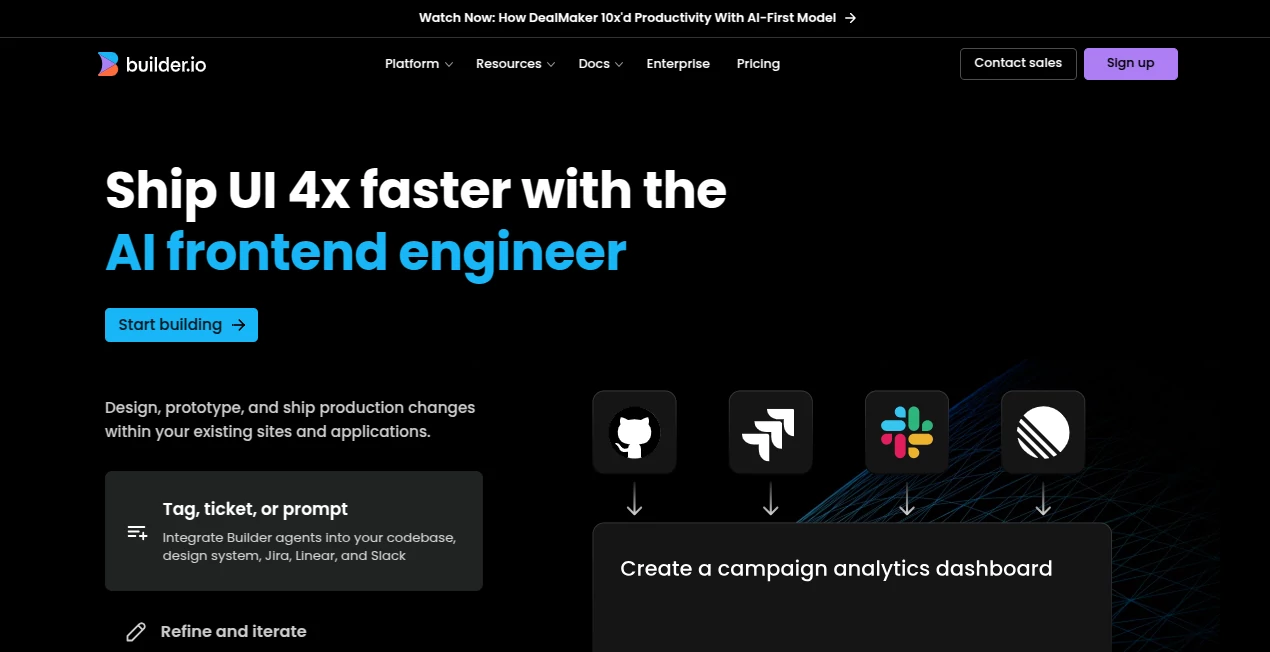 Screenshot of Builder.io – An AI tool in the ,AI Landing Page Builder ,AI Website Builder ,AI No-Code & Low-Code ,AI Design Generator  category, showcasing its interface and key features.