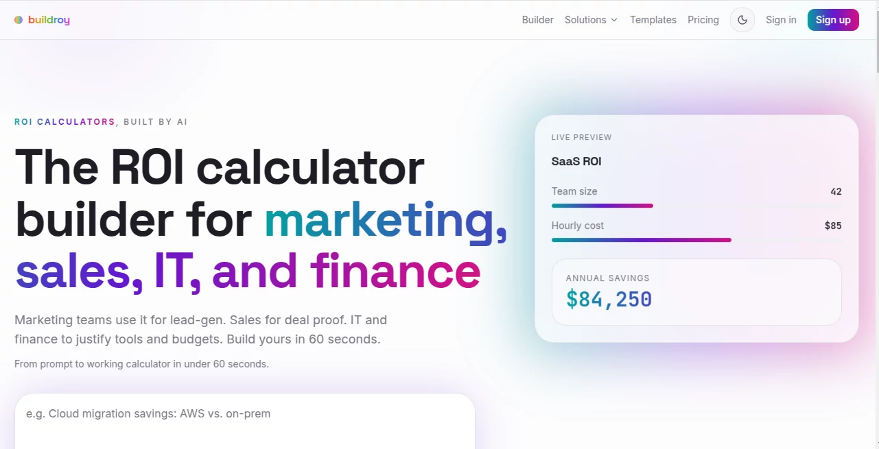 Screenshot of BuildRoy – An AI tool in the ,AI Business Ideas Generator ,AI E-commerce Assistant ,AI Marketing Plan Generator ,AI Digital Marketing Generator  category, showcasing its interface and key features.