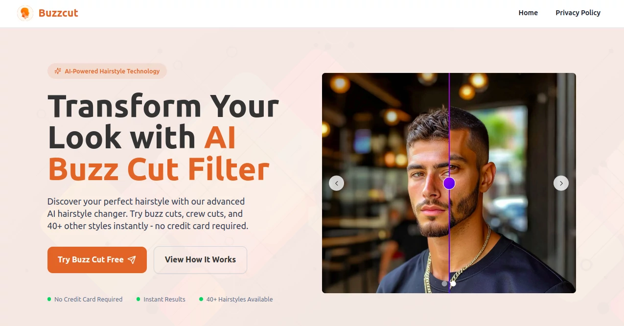 Screenshot of AI Buzz Cut Filter – An AI tool in the ,Photo & Image Editor ,AI Photo Enhancer ,AI Selfie & Portrait ,AI Image to Image  category, showcasing its interface and key features.