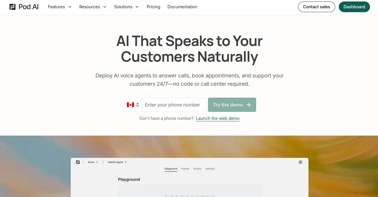 Screenshot of Pod AI – An AI tool in the ,AI Voice Assistants ,AI Customer Service Assistant ,AI Meeting Assistant ,AI Scheduling  category, showcasing its interface and key features.