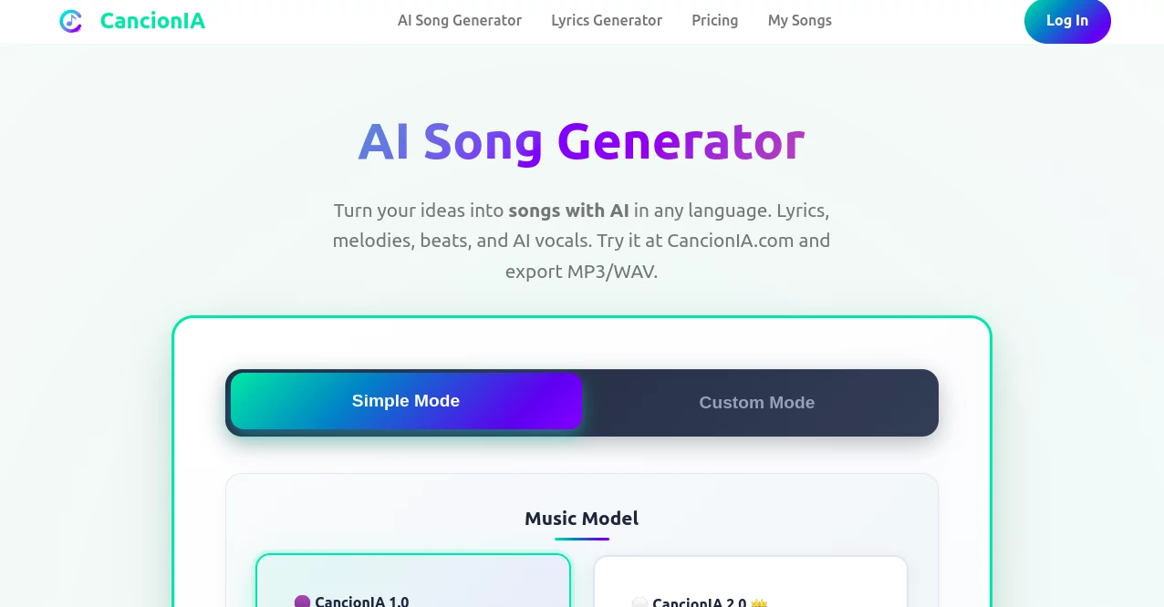 Screenshot of CancionIA – An AI tool in the ,AI Lyrics Generator ,AI Music Generator ,AI Voice Cloning ,AI Singing Generator  category, showcasing its interface and key features.