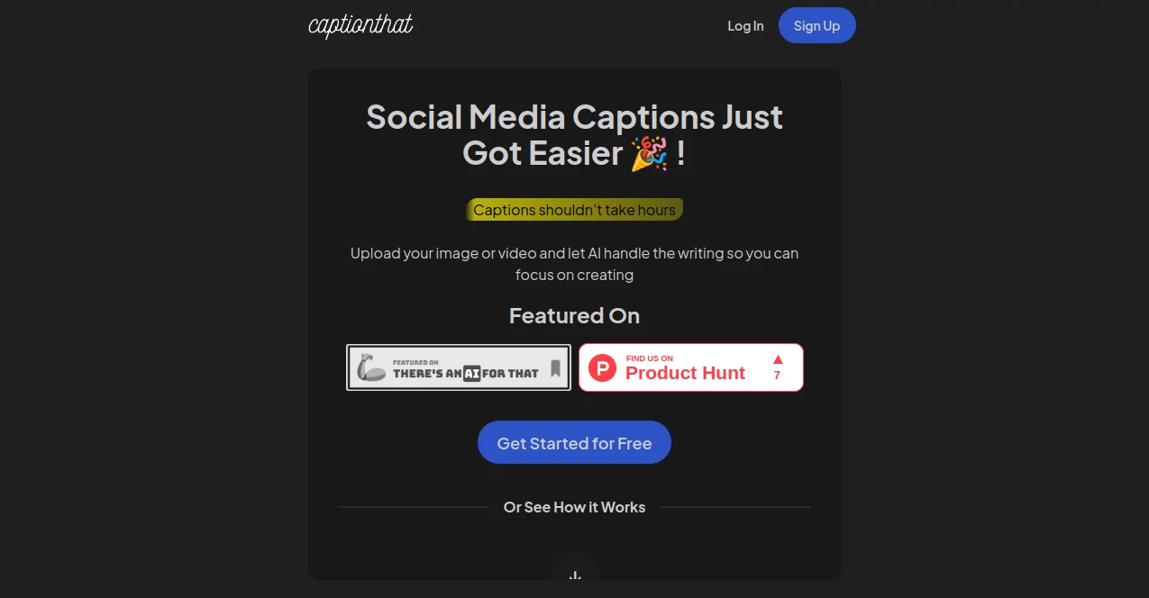 Screenshot of captionthat – An AI tool in the ,AI Captions or Subtitle ,AI Creative Writing ,AI Content Generator ,AI Social Media Assistant  category, showcasing its interface and key features.