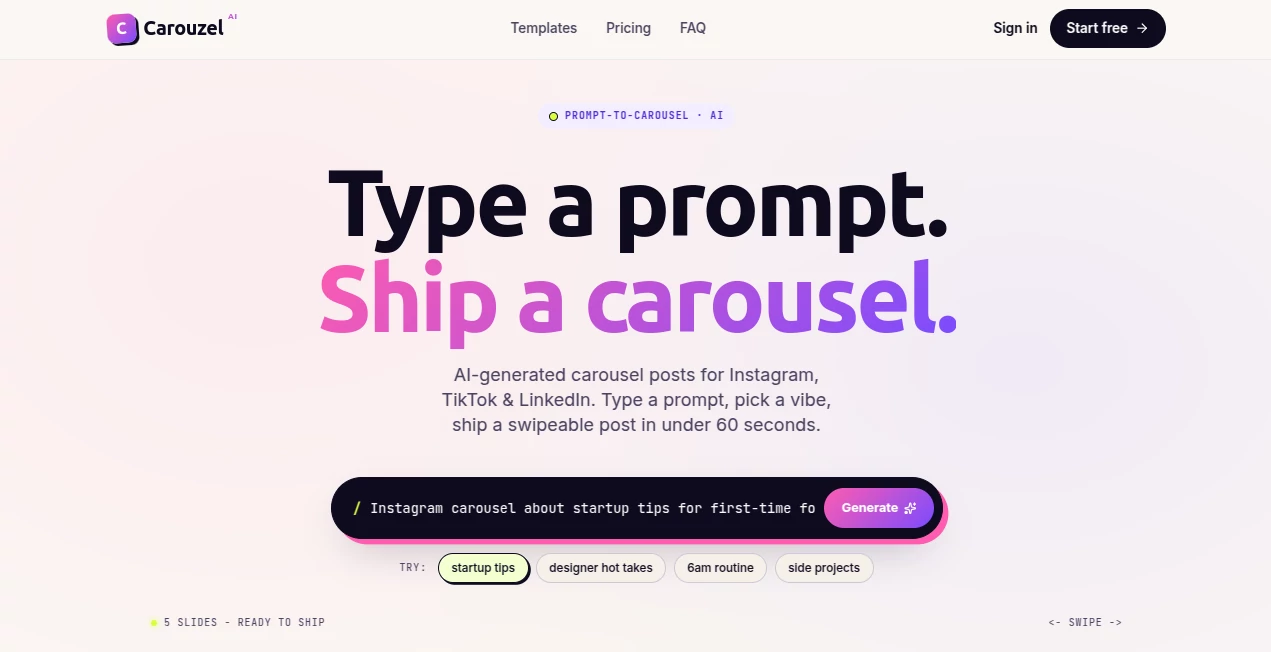 Screenshot of Carouzel AI – An AI tool in the ,AI Content Generator ,AI Social Media Assistant ,AI Marketing Plan Generator ,AI Design Generator  category, showcasing its interface and key features.