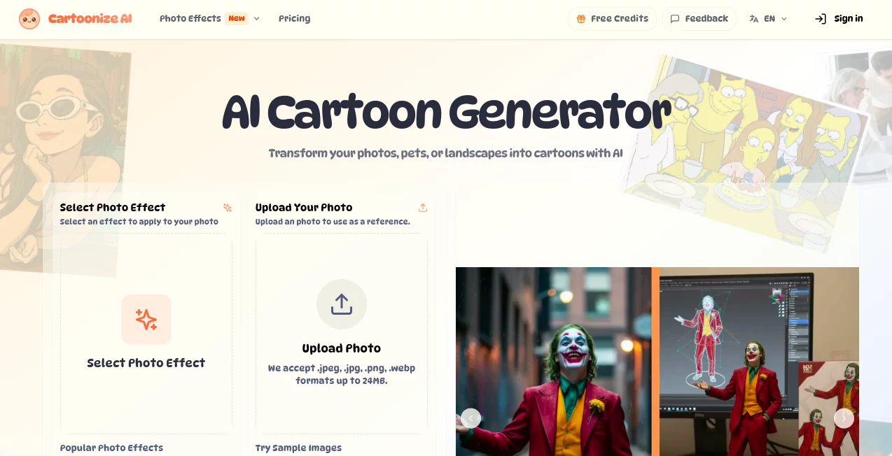 Screenshot of Cartoonize AI – An AI tool in the ,Photo & Image Editor ,AI Photo Enhancer ,AI Image to Image ,AI Anime & Cartoon Generator  category, showcasing its interface and key features.