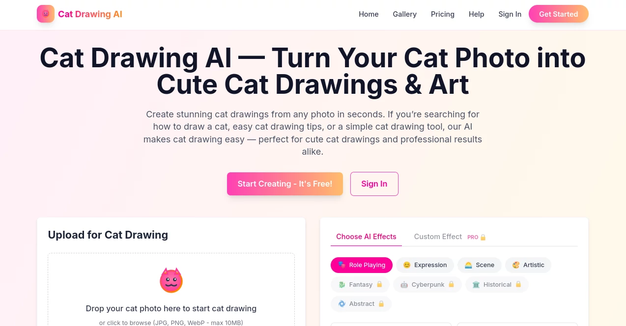 Screenshot of Cat Drawing AI – An AI tool in the ,AI Photo & Image Generator ,AI Illustration Generator ,Photo & Image Editor ,AI Art Generator  category, showcasing its interface and key features.