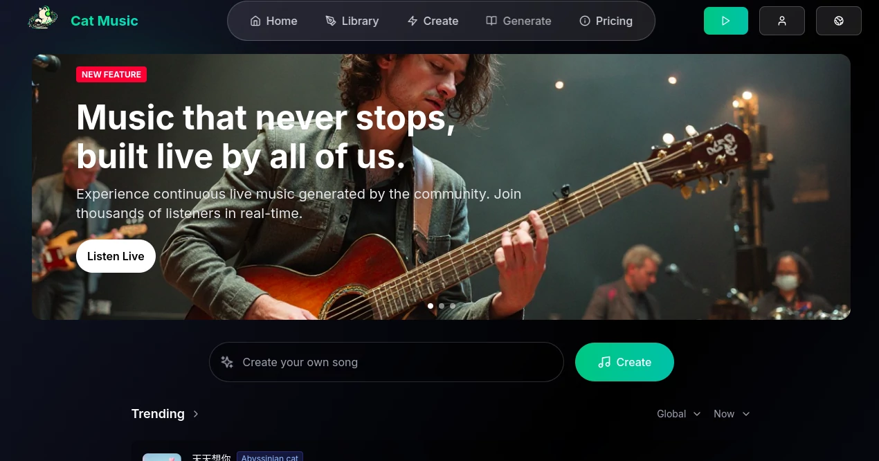 Screenshot of Cat Music – An AI tool in the ,AI Audio Enhancer ,AI Music Generator ,AI Voice & Audio Editing ,AI Text to Music  category, showcasing its interface and key features.