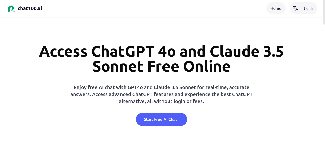 Screenshot of Chat100 AI – An AI tool in the ,AI Writing Assistants ,AI Content Generator ,AI Chatbot ,AI Homework Helper  category, showcasing its interface and key features.