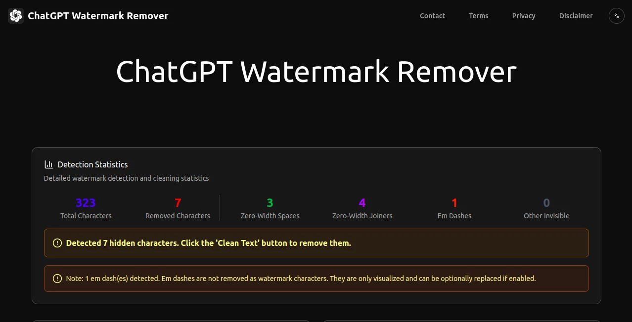 Screenshot of ChatGPT Watermark Remover – An AI tool in the ,AI Rewriter ,AI Checker Essay ,AI Grammar Checker ,AI Content Detector  category, showcasing its interface and key features.