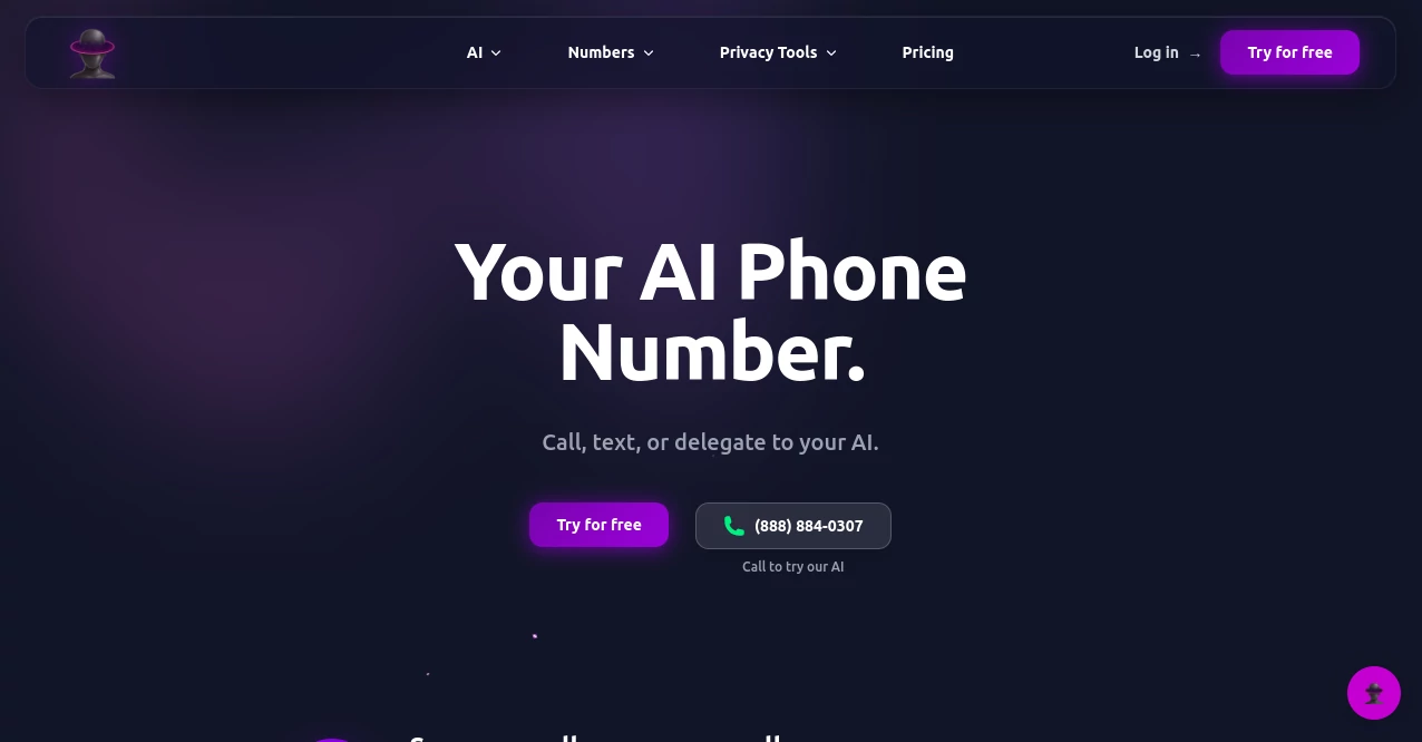 Screenshot of AI Phone Number – An AI tool in the ,AI Speech to Text ,AI Speech Recognition ,AI Speech Synthesis ,AI Voice Assistants  category, showcasing its interface and key features.