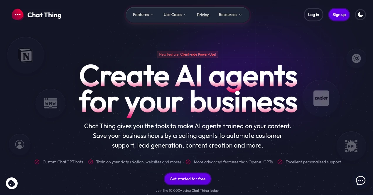 Screenshot of Chat Thing – An AI tool in the ,AI Content Generator ,AI Customer Service Assistant ,AI Chatbot ,AI Knowledge Base  category, showcasing its interface and key features.