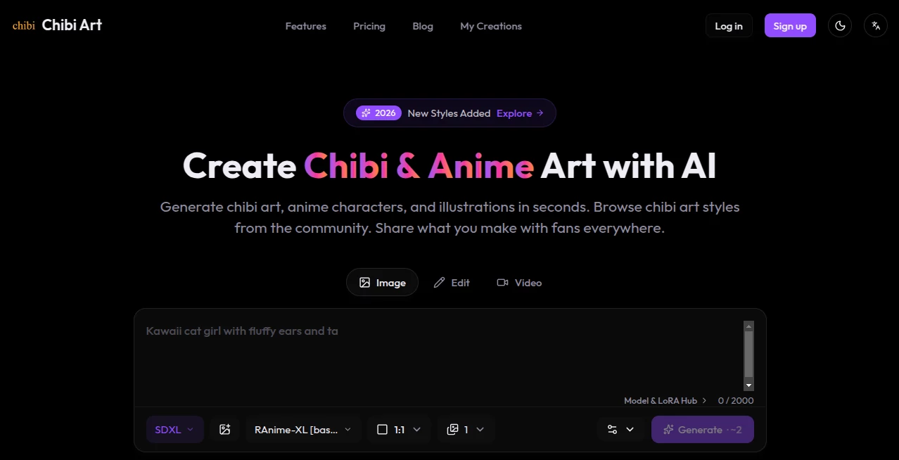 Screenshot of chibi art – An AI tool in the ,AI Photo & Image Generator ,AI Art Generator ,AI Design Generator ,AI Image to Image  category, showcasing its interface and key features.