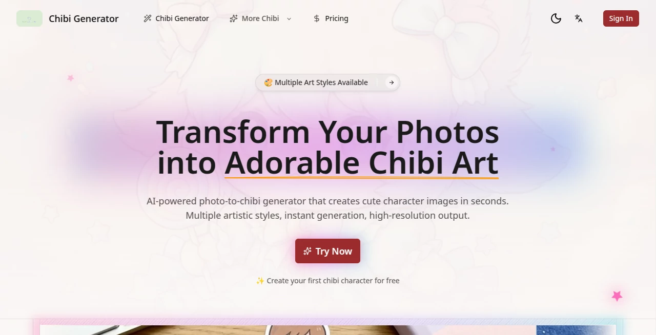 Screenshot of chibi generator – An AI tool in the ,AI Fun Tools ,AI Art Generator ,AI Design Generator ,AI Image to Image  category, showcasing its interface and key features.