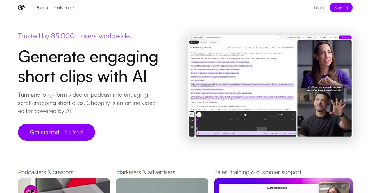 Screenshot of Choppity – An AI tool in the ,AI Video Editor ,AI Video Enhancer ,AI Video to Video ,AI Short Clips Generator  category, showcasing its interface and key features.
