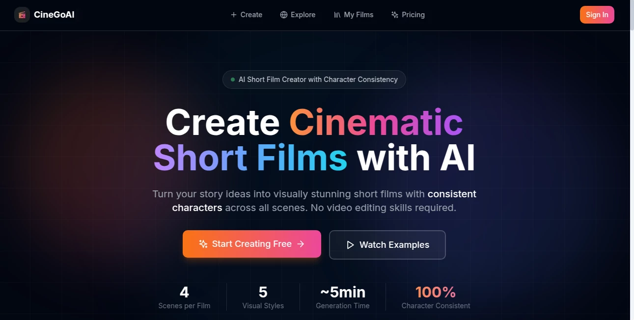 Screenshot of Cinegoai – An AI tool in the ,AI Animated Video ,AI Image to Video ,AI Text to Video ,AI Video Generator  category, showcasing its interface and key features.