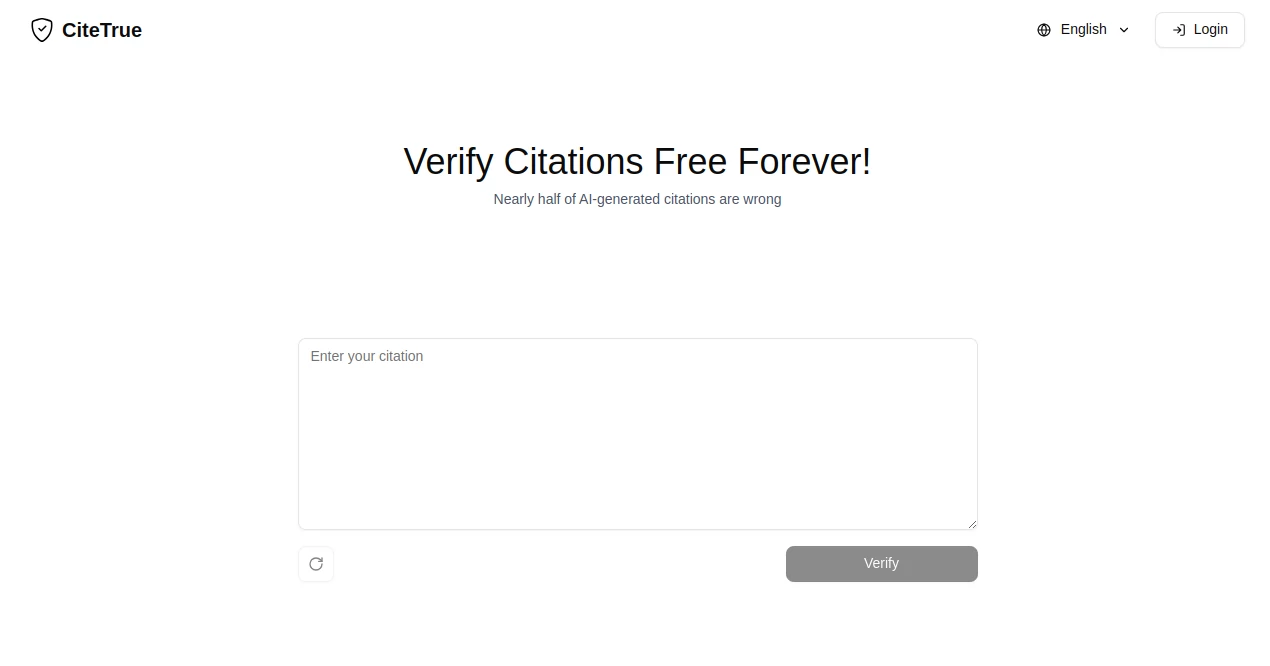 Screenshot of CiteTrue – An AI tool in the ,AI Checker Essay ,AI Plagiarism Checker ,AI Content Detector  category, showcasing its interface and key features.