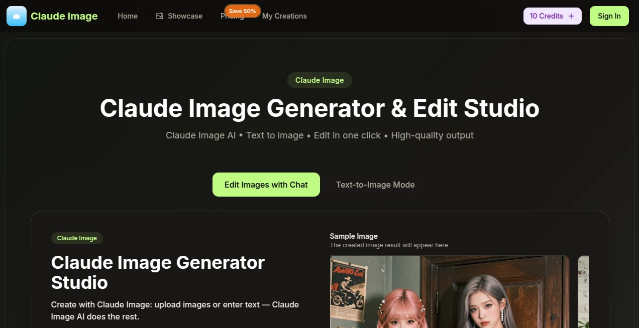 Screenshot of claude image – An AI tool in the ,AI Photo & Image Generator ,AI Design Generator ,AI Image to Image ,AI Text to Image  category, showcasing its interface and key features.