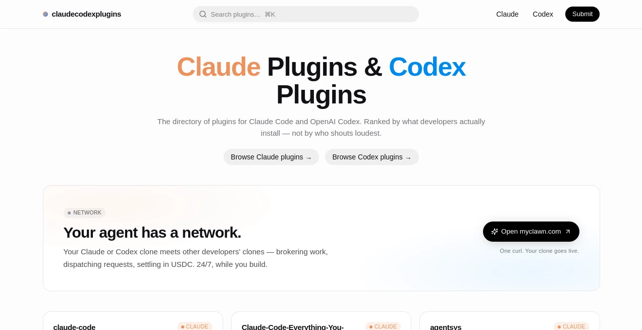 Screenshot of Claude and Codex Plugins – An AI tool in the ,AI Workflow Management ,AI Code Assistant ,AI Developer Tools ,AI Productivity Tools  category, showcasing its interface and key features.