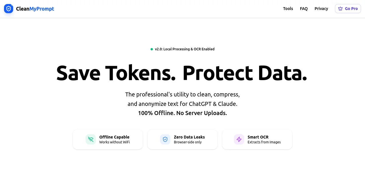 Screenshot of CleanMyPrompt – An AI tool in the ,AI Writing Assistants ,AI Developer Tools ,AI Productivity Tools  category, showcasing its interface and key features.