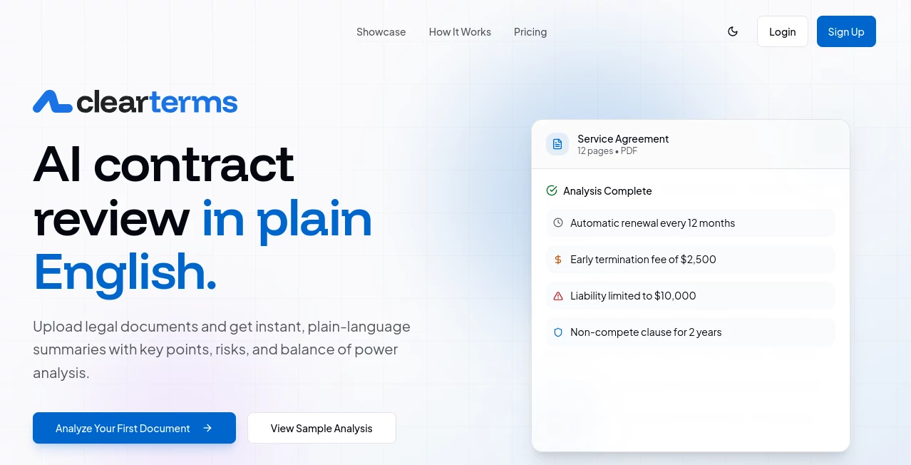 Screenshot of Clearterms – An AI tool in the ,AI Document Extraction ,AI Documents Assistant ,AI Contract Management ,AI Legal Assistant  category, showcasing its interface and key features.