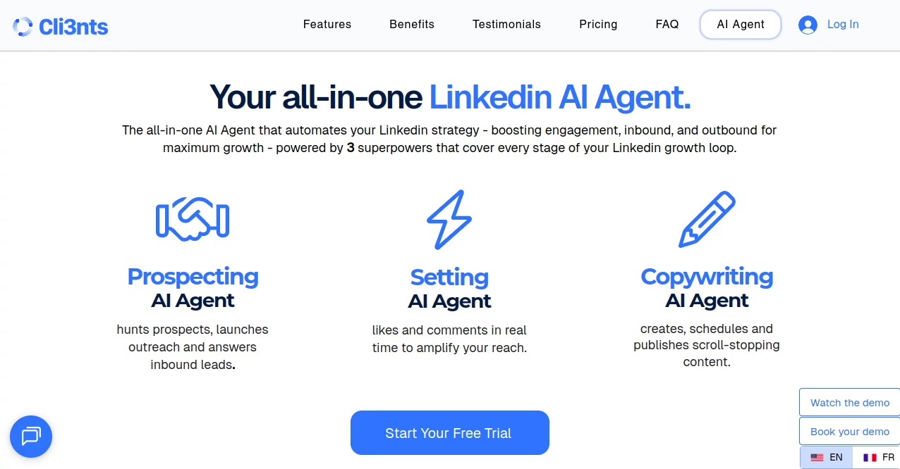 Screenshot of Cli3nts – An AI tool in the ,AI Content Generator ,AI Reply Assistant ,AI Social Media Assistant ,AI Lead Generation  category, showcasing its interface and key features.