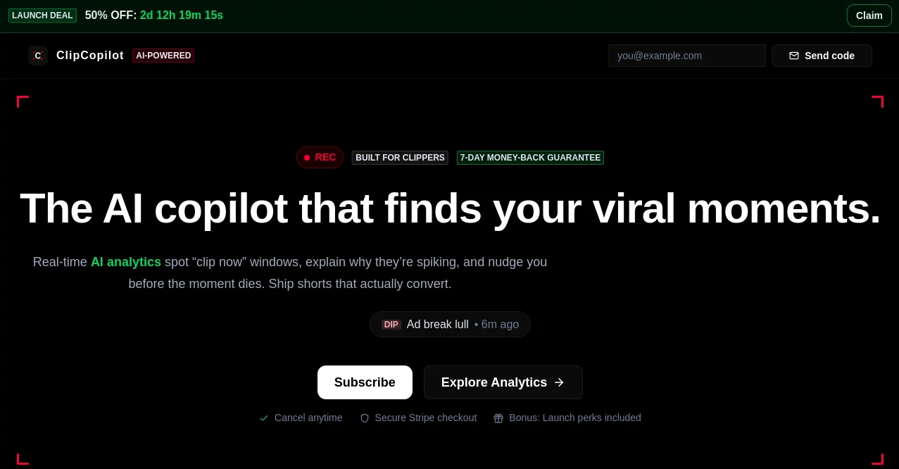 Screenshot of ClipCopilot – An AI tool in the ,AI Captions or Subtitle ,AI Video Editor ,AI Short Clips Generator ,AI Social Media Assistant  category, showcasing its interface and key features.