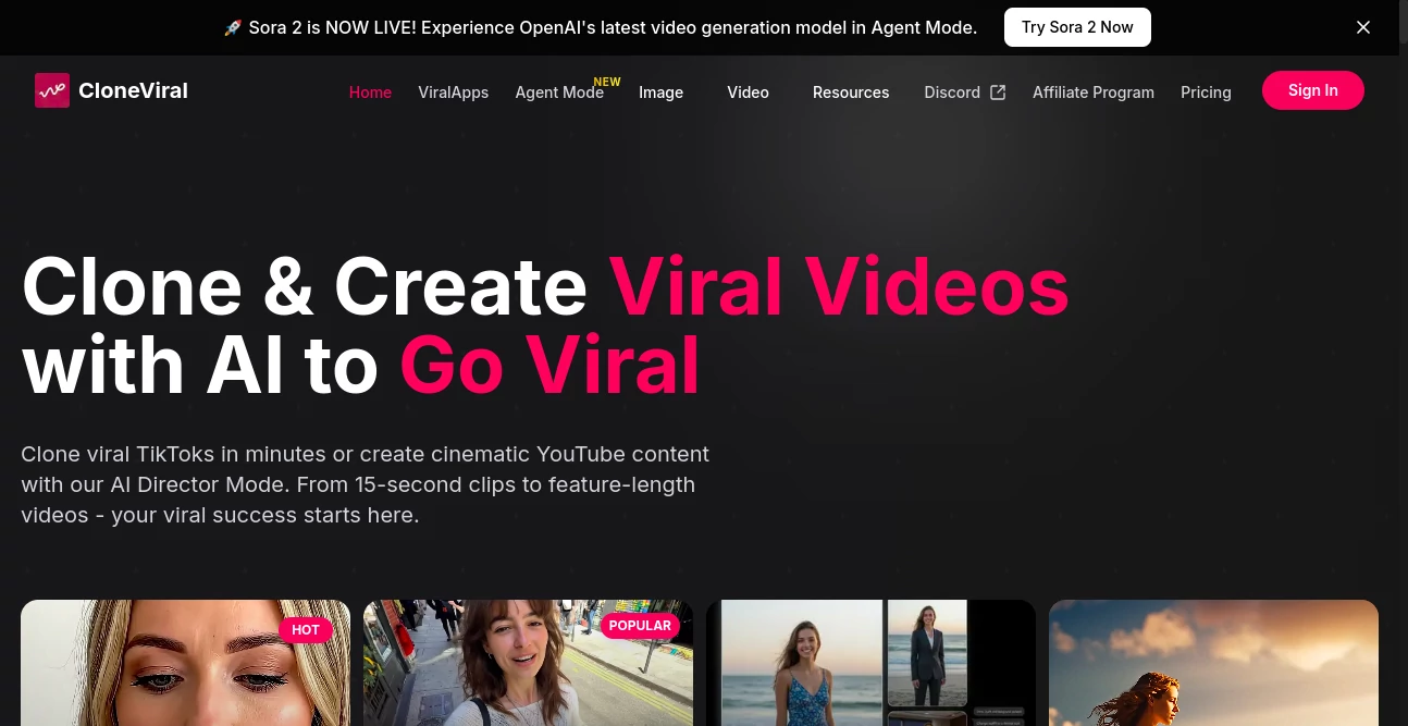 Screenshot of CloneViral – An AI tool in the ,AI Content Generator ,AI UGC Video Generator ,AI Video Generator ,AI Tiktok Assistant  category, showcasing its interface and key features.