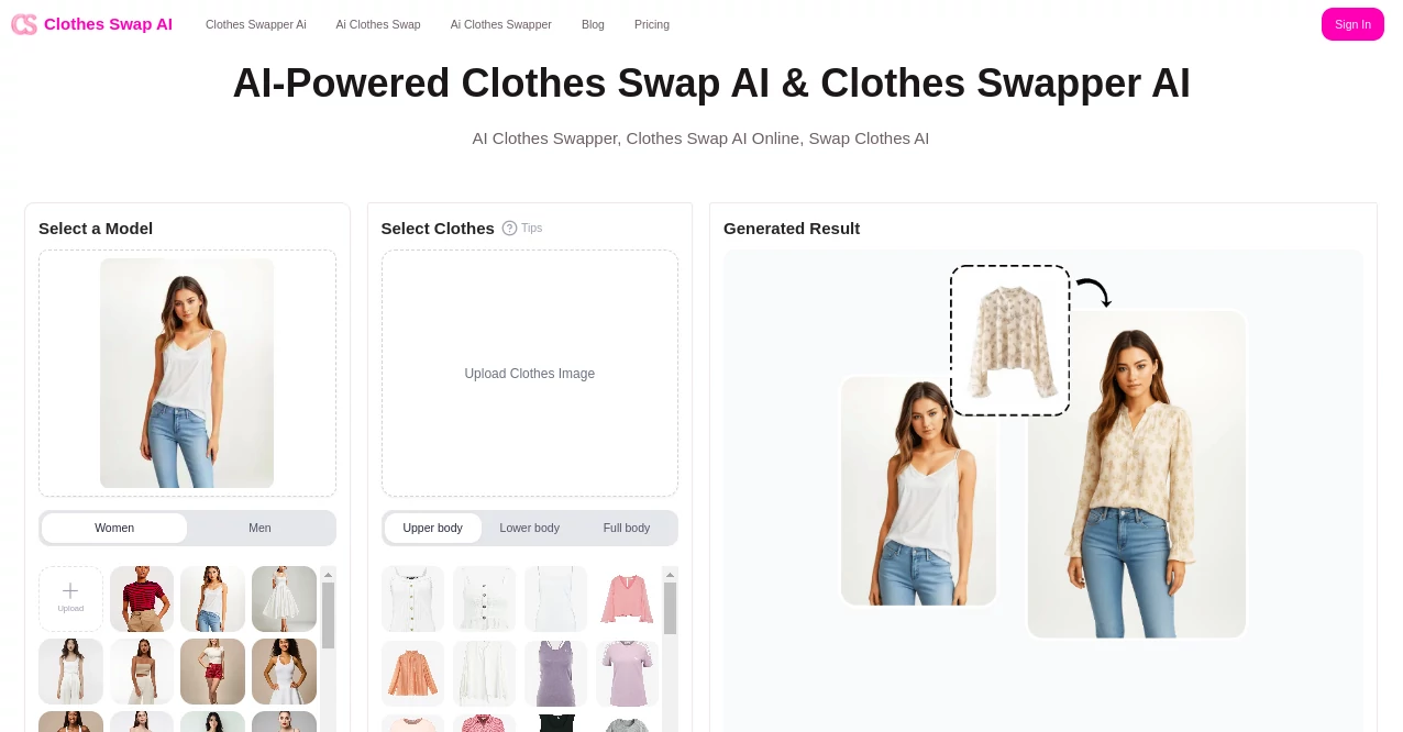 Screenshot of clothes swap ai – An AI tool in the ,Photo & Image Editor  category, showcasing its interface and key features.