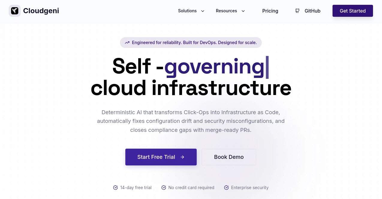 Screenshot of Cloudgeni – An AI tool in the ,AI DevOps Assistant ,AI No-Code & Low-Code ,AI Code Assistant ,AI Developer Tools  category, showcasing its interface and key features.