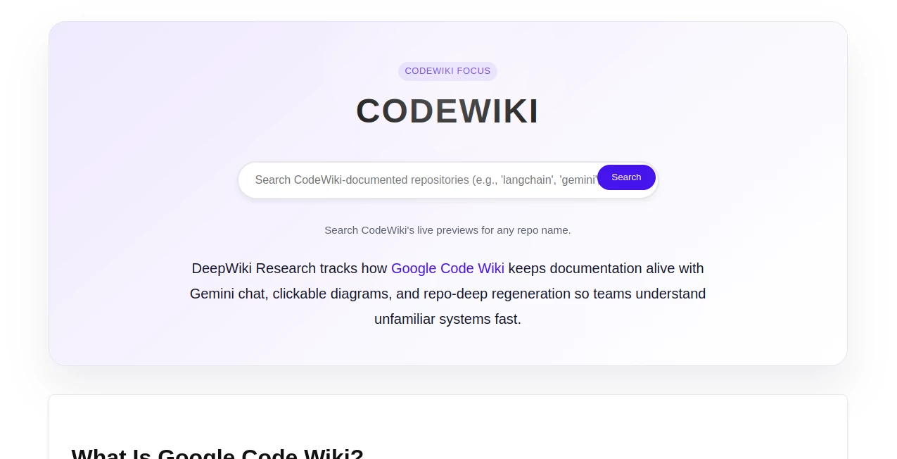 Screenshot of CodeWiki – An AI tool in the ,AI Code Assistant ,AI Code Explanation ,AI Developer Tools ,AI Knowledge Base  category, showcasing its interface and key features.