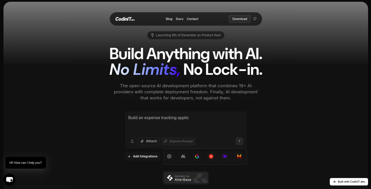 Screenshot of CodinIT.dev – An AI tool in the ,AI No-Code & Low-Code ,AI Code Generator ,AI Developer Tools ,AI App Builder  category, showcasing its interface and key features.