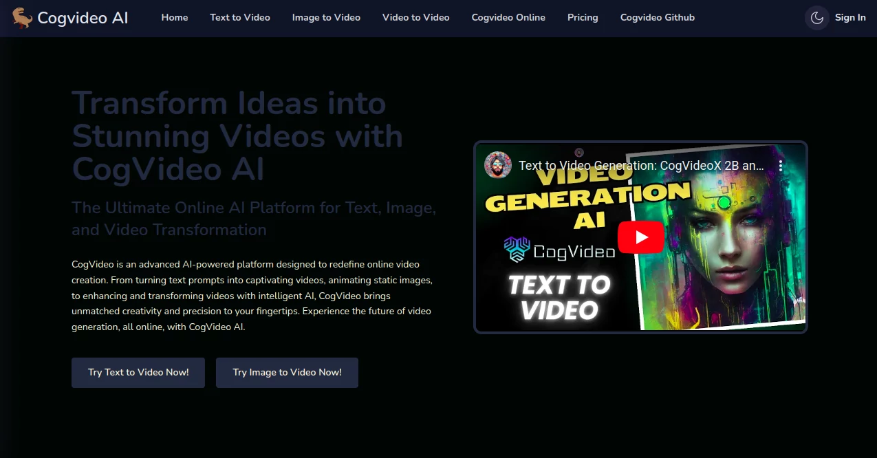 Screenshot of Cogvideo AI – An AI tool in the ,AI Animated Video ,AI Text to Video ,AI Video Generator ,AI Short Clips Generator  category, showcasing its interface and key features.