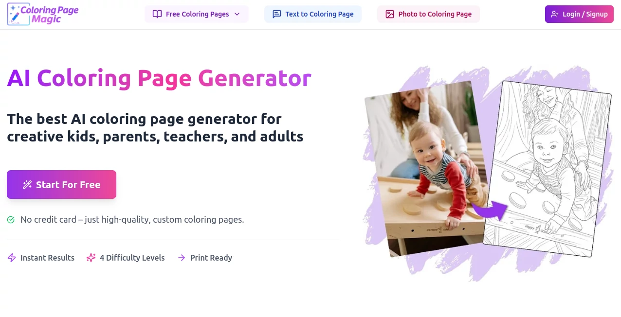 Screenshot of Coloring Page Magic – An AI tool in the ,AI Photo & Image Generator ,AI Art Generator ,AI Design Generator ,AI Fun Tools  category, showcasing its interface and key features.