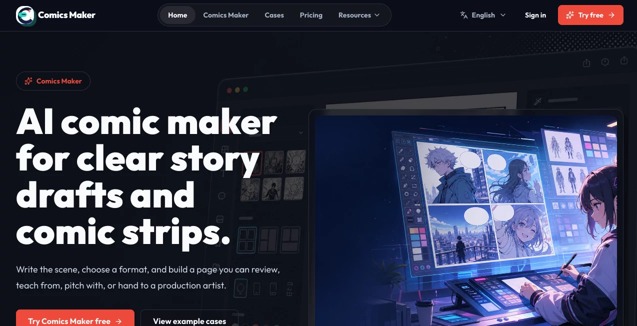 Screenshot of ComicsMaker – An AI tool in the ,AI Story Writing ,AI Text to Image ,AI Manga & Comic ,AI Design Generator  category, showcasing its interface and key features.
