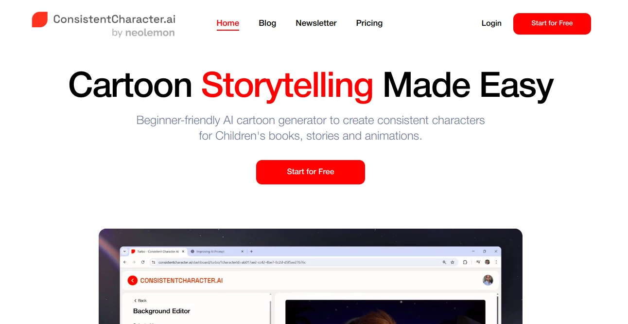 Screenshot of Consistent Character AI – An AI tool in the ,Photo & Image Editor ,AI Image to Image ,AI Character ,AI Art Generator  category, showcasing its interface and key features.