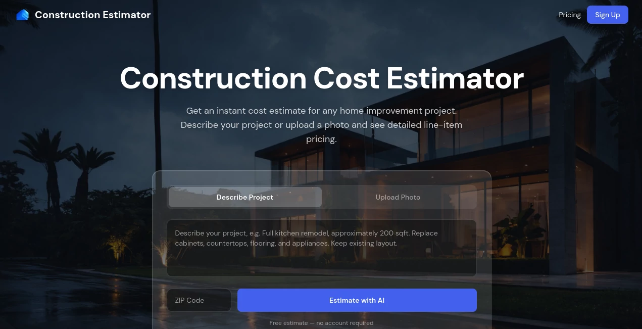 Screenshot of Construction Estimator – An AI tool in the ,AI Accounting Assistant ,AI Business Ideas Generator ,AI Consulting Assistant ,AI Project Management  category, showcasing its interface and key features.