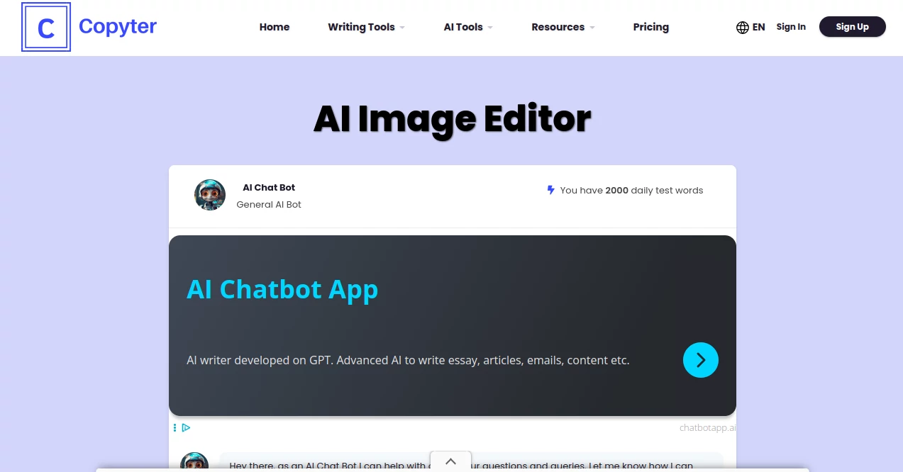 Screenshot of Copyter – An AI tool in the ,AI Content Generator ,AI Photo & Image Generator ,AI Text to Speech ,AI Marketing Plan Generator  category, showcasing its interface and key features.