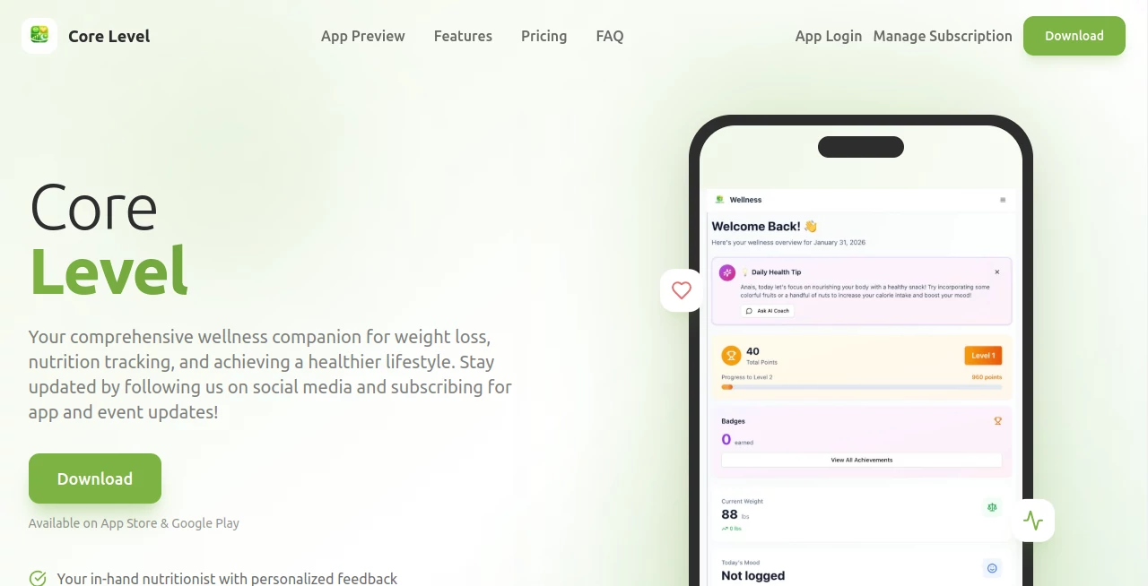 Screenshot of core level – An AI tool in the ,AI Life Assistant ,AI Fitness ,AI Coaching  category, showcasing its interface and key features.