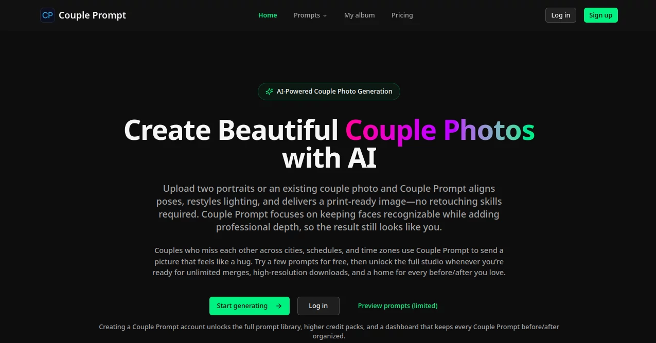 Screenshot of Couple Prompt – An AI tool in the ,AI Photo & Image Generator ,Photo & Image Editor ,AI Image to Image ,AI Design Generator  category, showcasing its interface and key features.