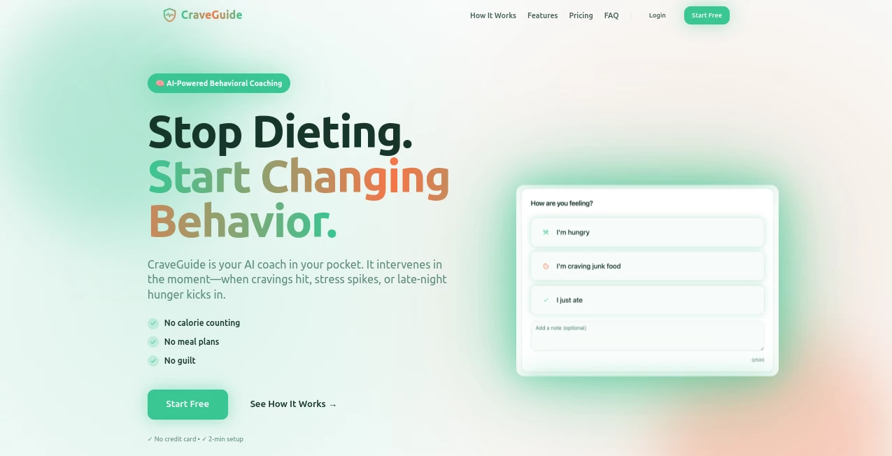 Screenshot of CraveGuide – An AI tool in the ,AI Life Assistant ,AI Mental Health ,AI Coaching  category, showcasing its interface and key features.